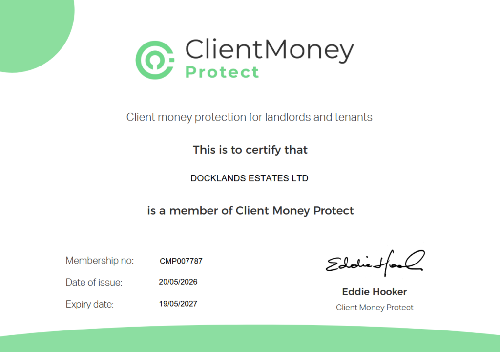 Client Money Protect Certificate for Docklands Estates Ltd
